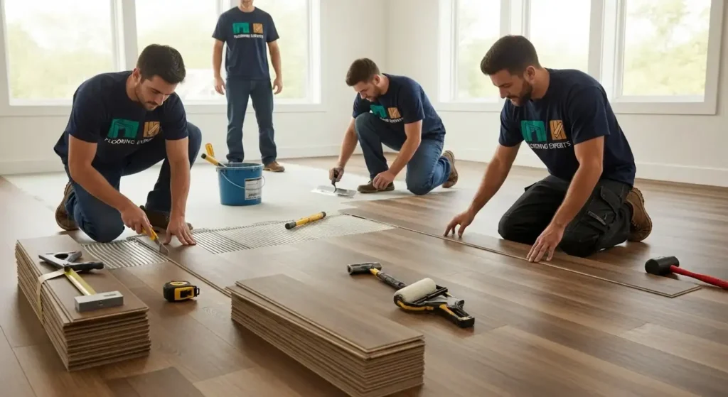 Expert technicians installing vinyl flooring with precision in a modern Dubai home.