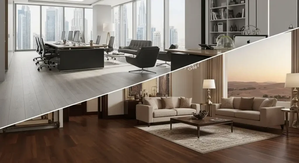 Gallery displaying premium vinyl flooring styles and textures used in Dubai properties.