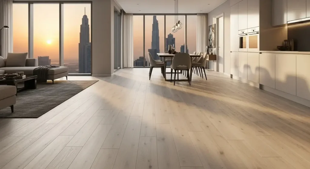 Online gallery showing modern vinyl flooring installations in various Dubai interiors.
