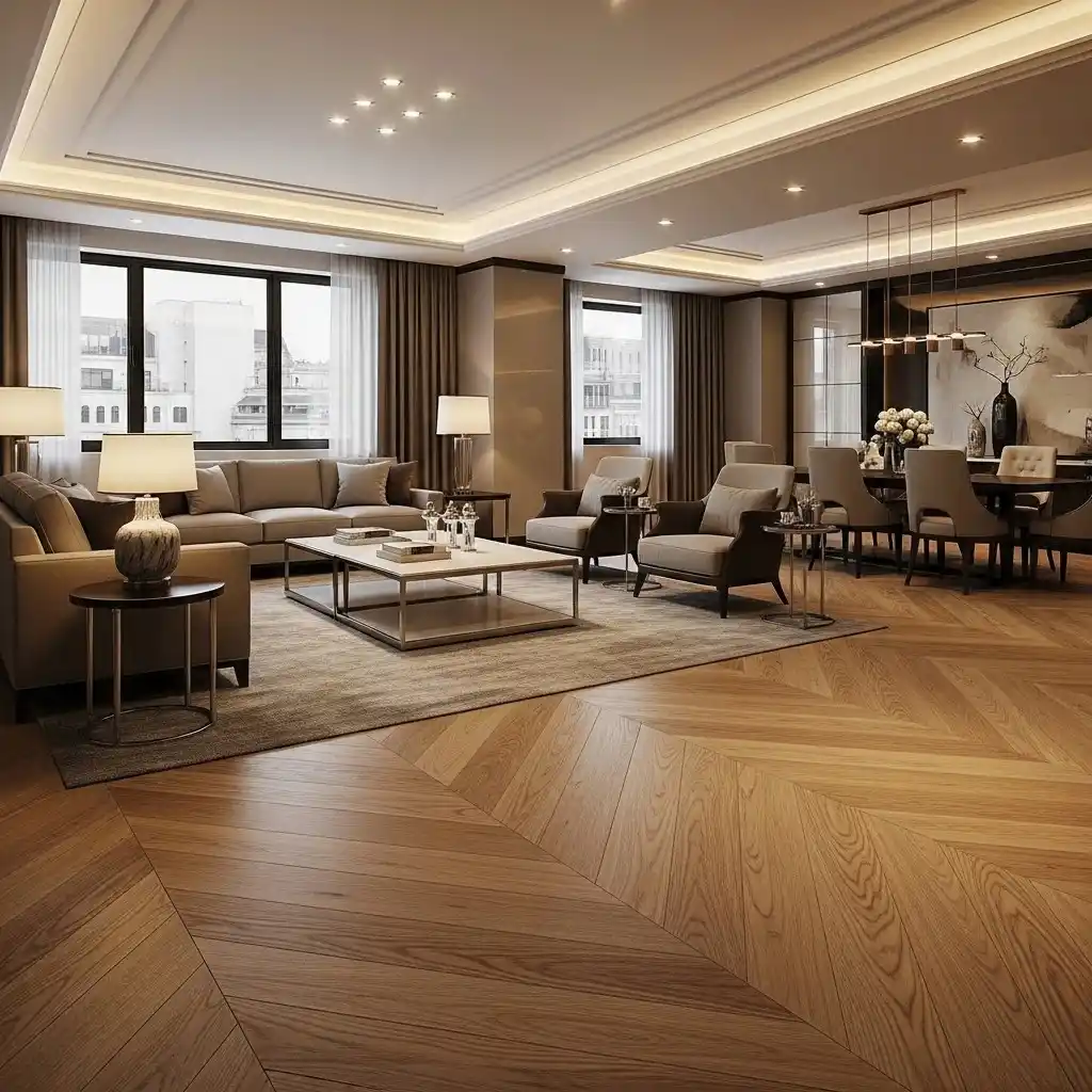 Herringbone wood flooring in Dubai apartment living room