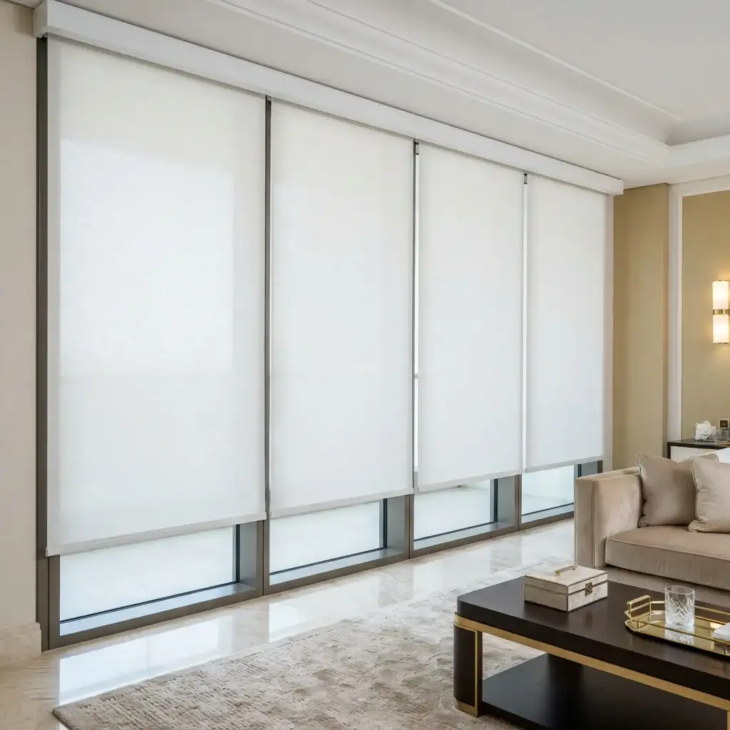 White motorized roller blinds installed on large modern living room windows with soft daylight filtering through.