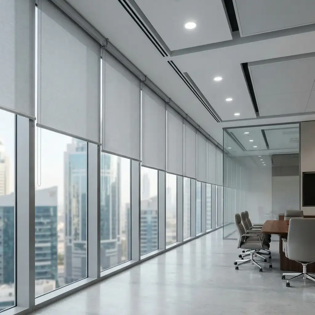 Modern semi-sheer roller blinds installed on large high-rise office windows overlooking Dubai cityscape views.