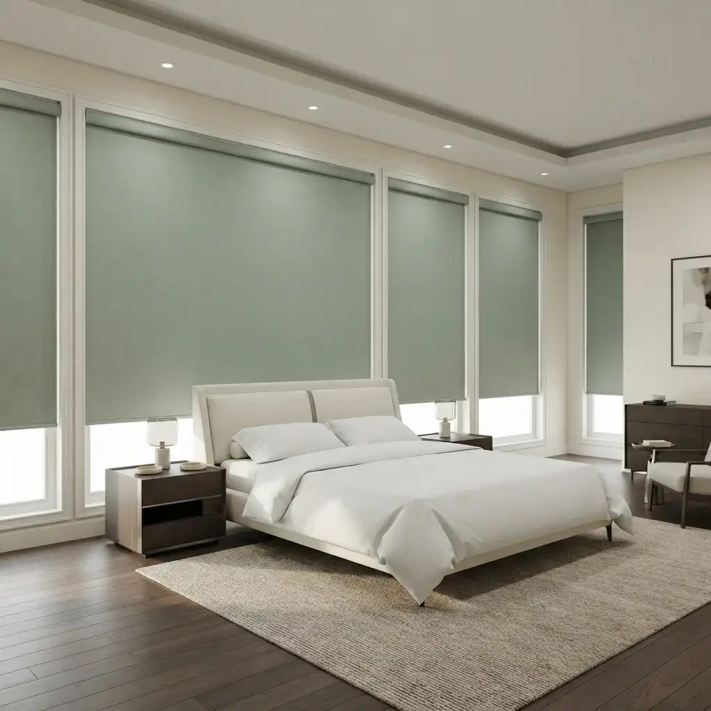 Light green motorized blackout roller blinds installed in a modern master bedroom behind a white king-size bed.