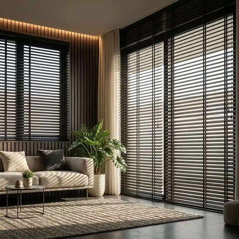 Black venetian blinds in a modern Dubai living room