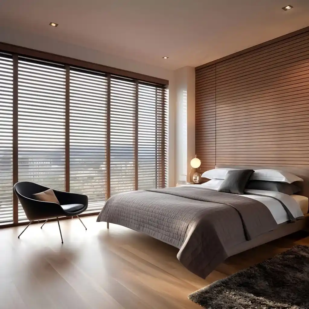 Wooden venetian blinds in a Dubai bedroom with wood panel wall