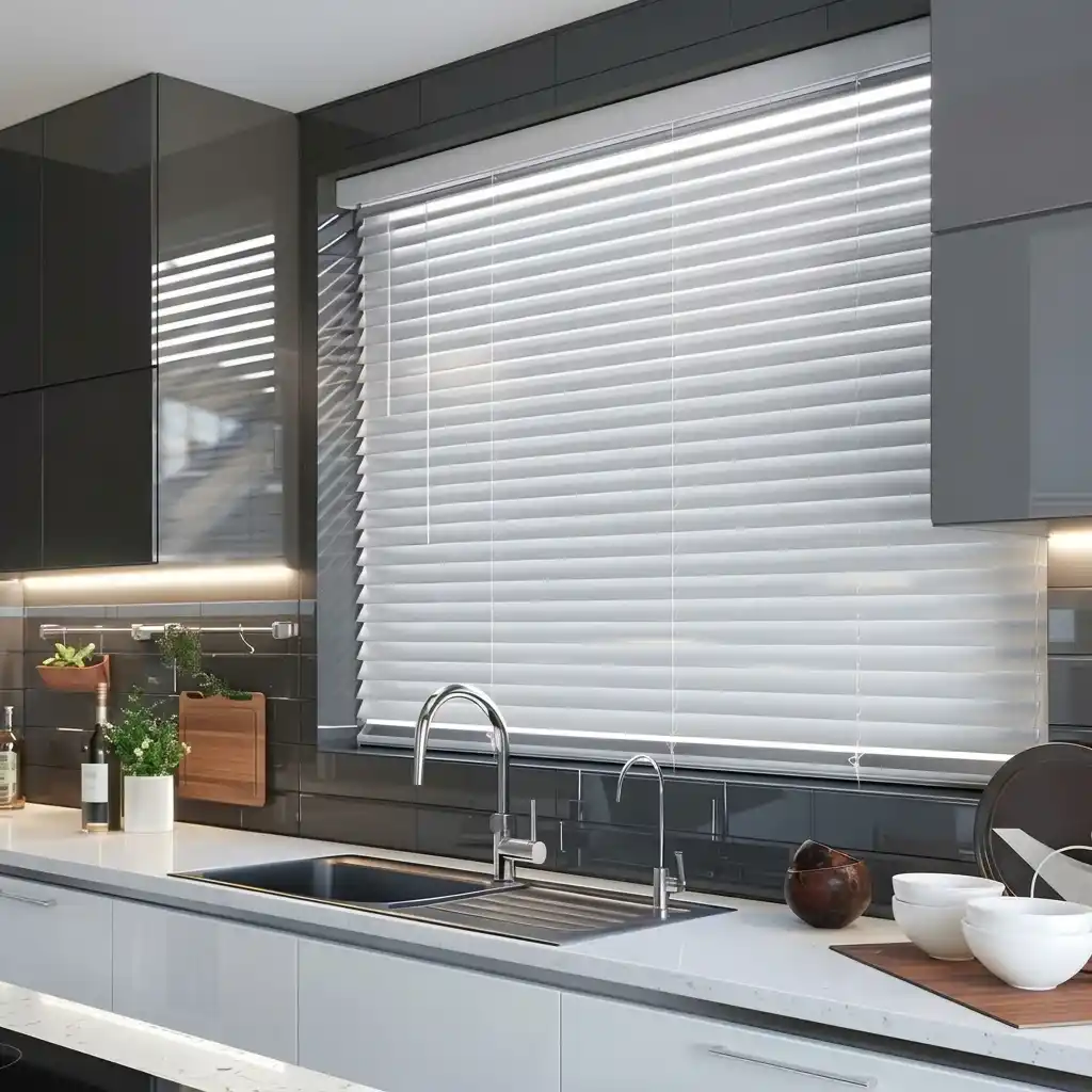 White venetian blinds in a modern Dubai kitchen