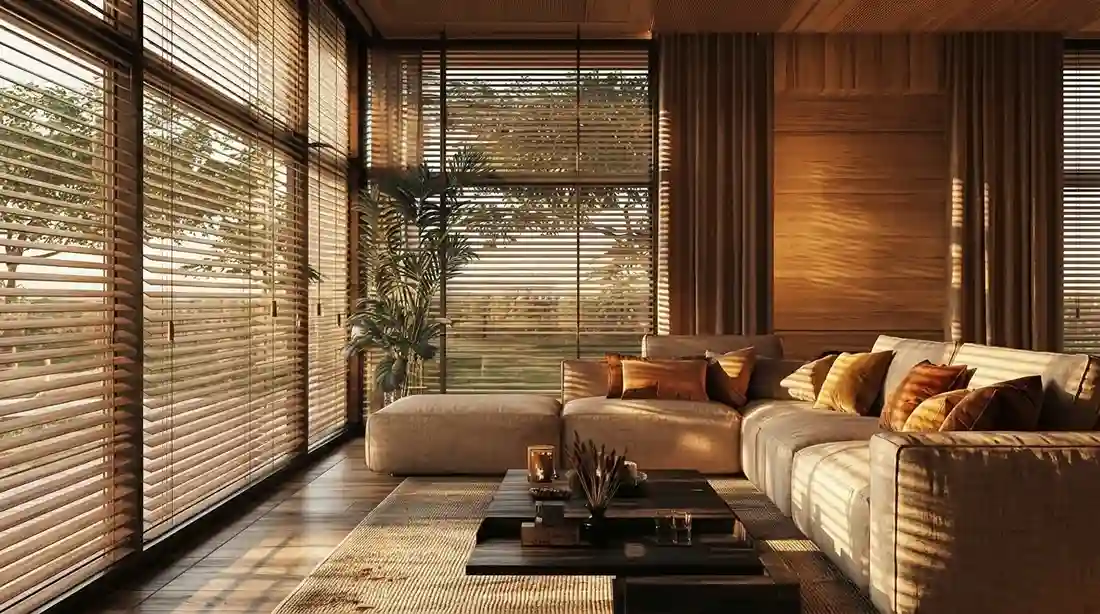 Natural wood venetian blinds in a sunlit Dubai living room