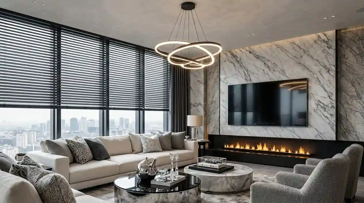 Grey venetian blinds in a luxury Dubai living room with marble wall