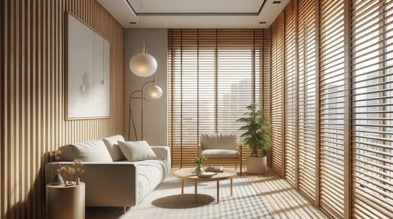 Wooden venetian blinds in a Dubai living room with city view