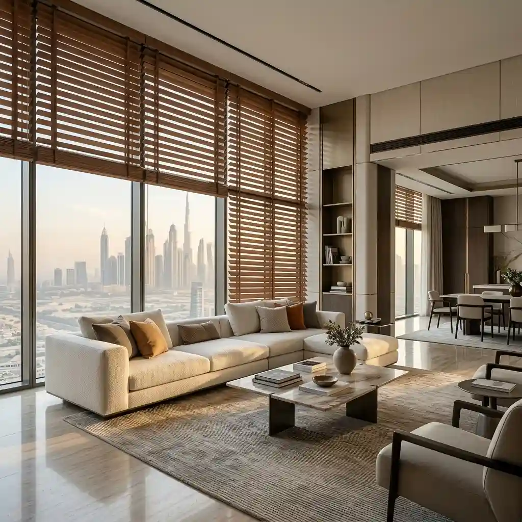 Wooden venetian blinds in a luxury Dubai apartment overlooking the skyline
