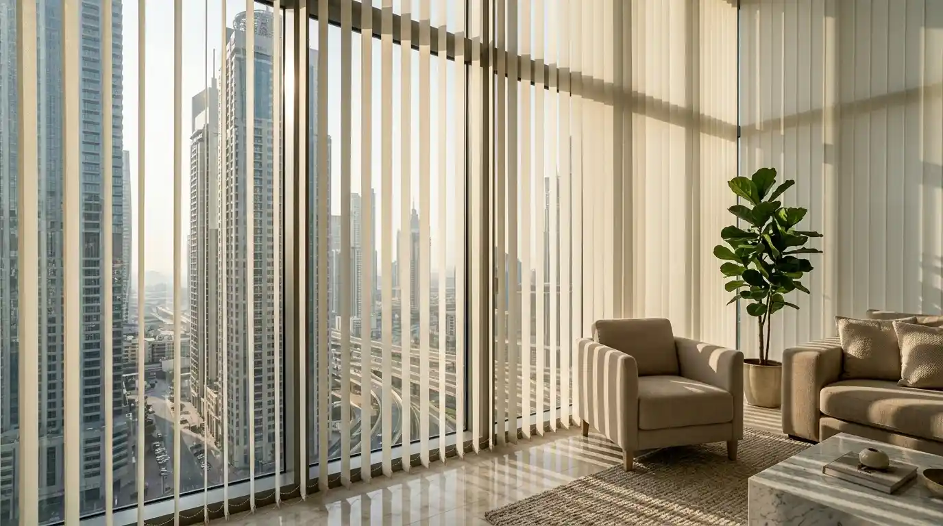 Sheer white vertical blinds in a Dubai living room with city view