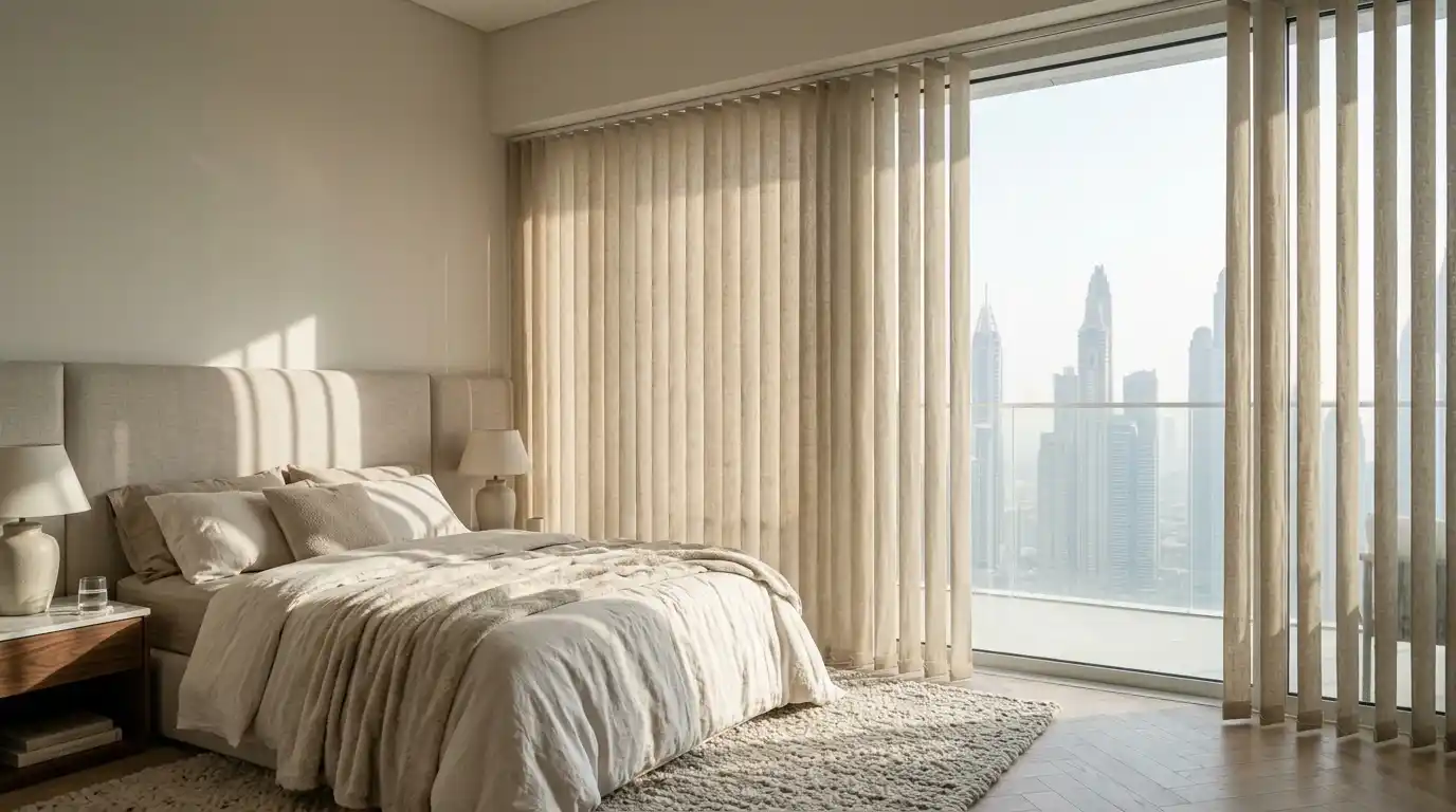Beige vertical blinds in a Dubai bedroom with skyline view