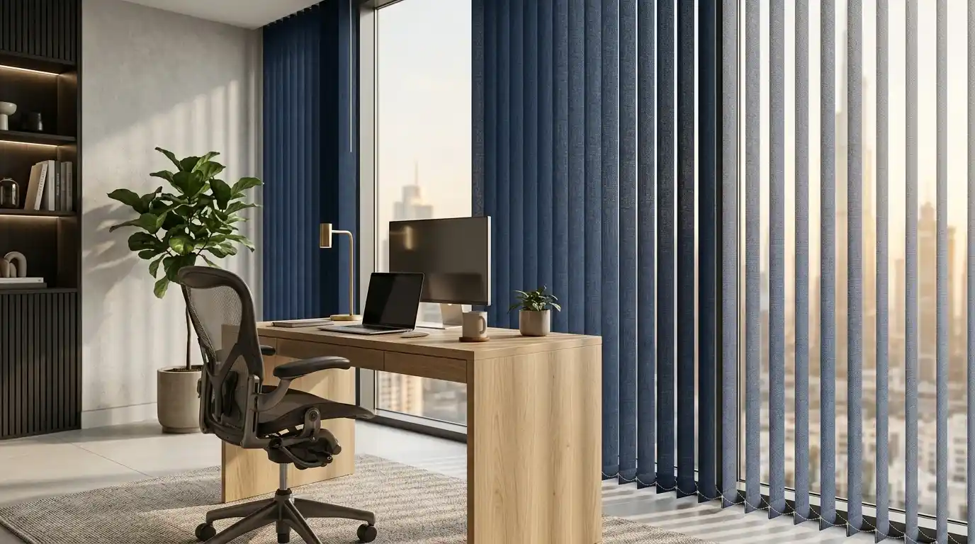 Blue vertical blinds in a Dubai home office
