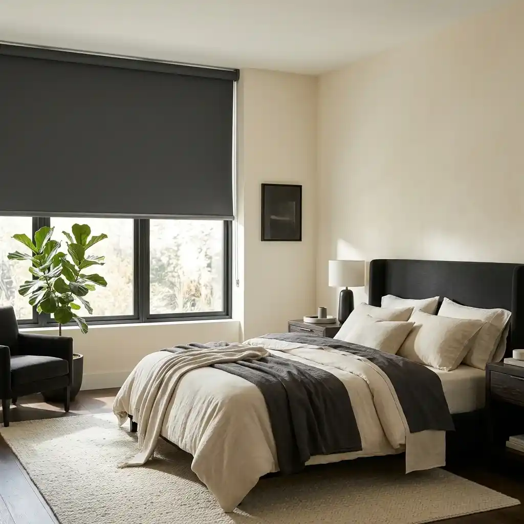 Dark grey blackout roller blind in a Dubai bedroom