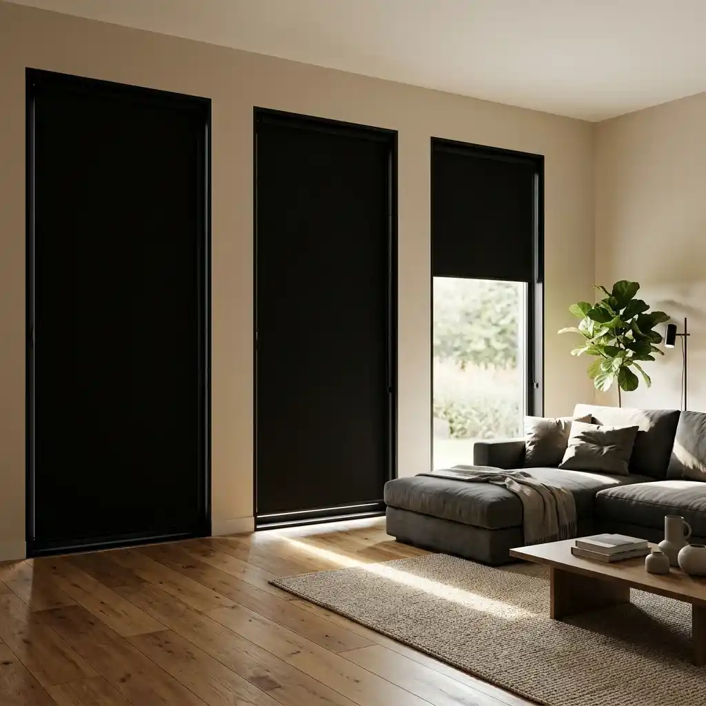 Black blackout roller blinds on tall living room windows Dubai