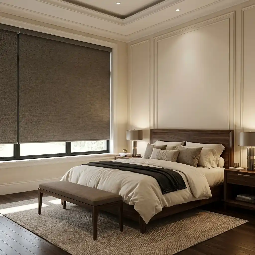 Brown blackout roller blinds in a Dubai bedroom with wooden bed