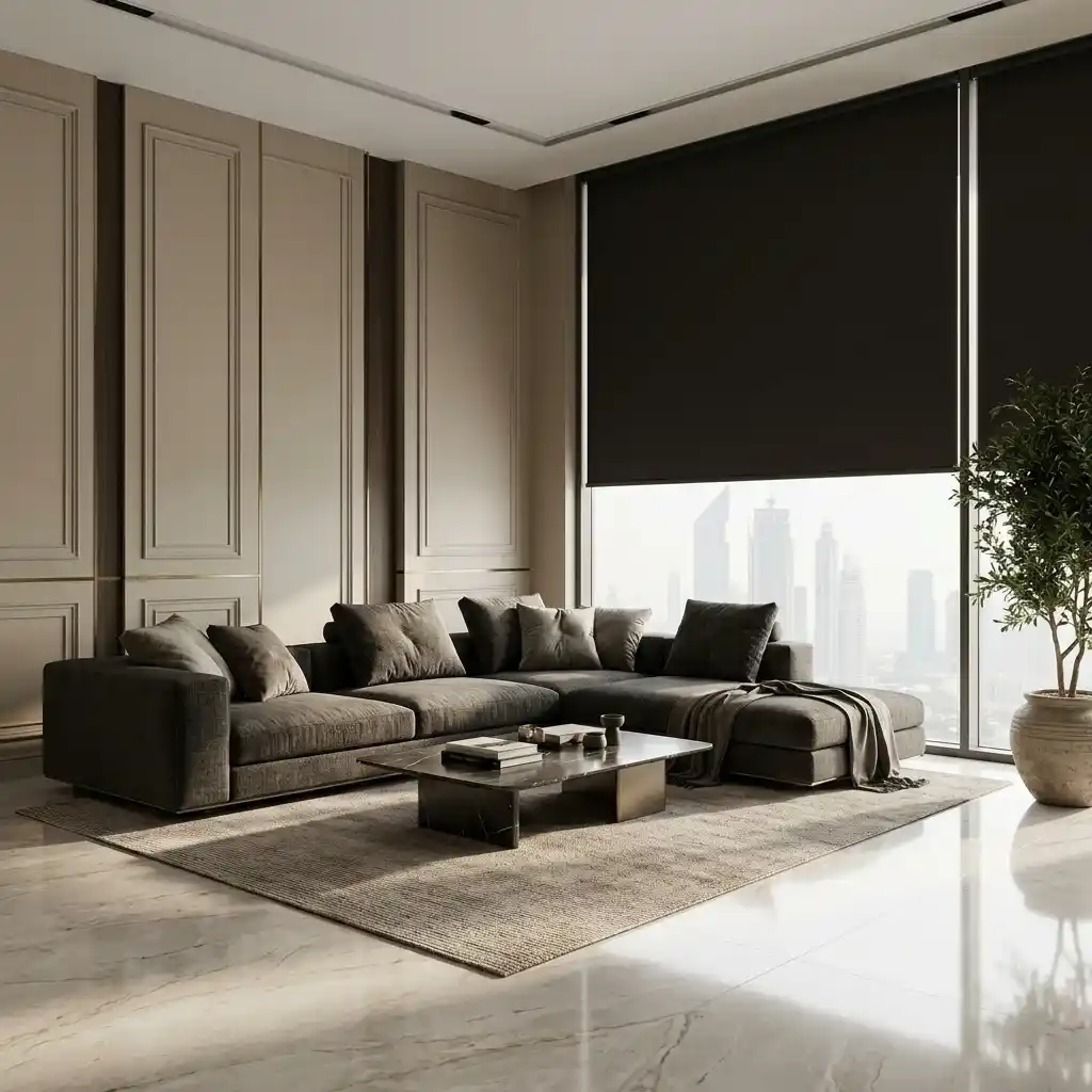 Black blackout roller blind on a large living room window with city view Dubai