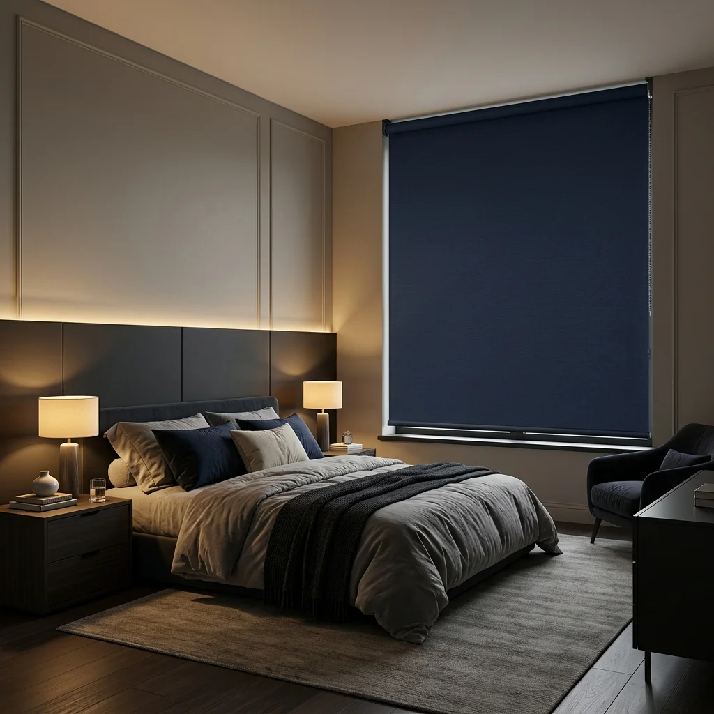 Navy blue blackout roller blind in a Dubai bedroom