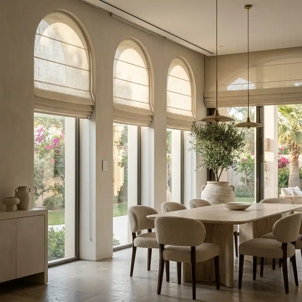 Motorized roman blinds on arched windows in a Dubai dining room