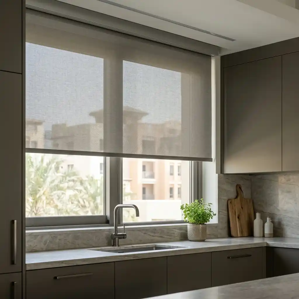 Grey motorized roller blind in a Dubai kitchen