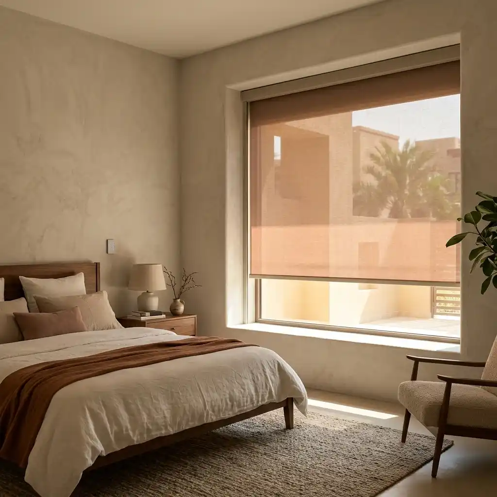 Beige motorized roller blind in a Dubai bedroom