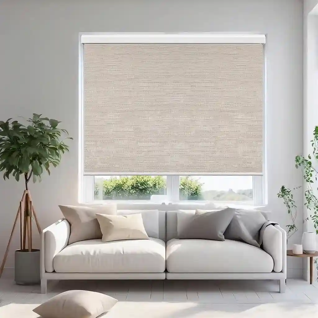 Beige motorized roller blind in a Dubai living room