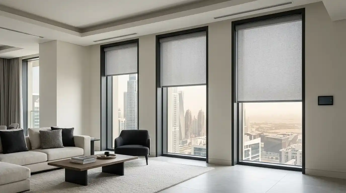 White motorized roller blinds on tall windows in a Dubai living room