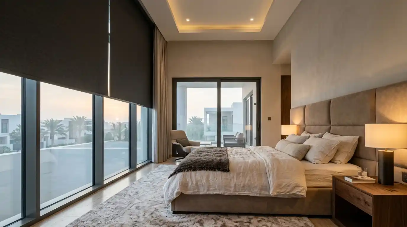 Dark motorized roller blinds in a Dubai master bedroom