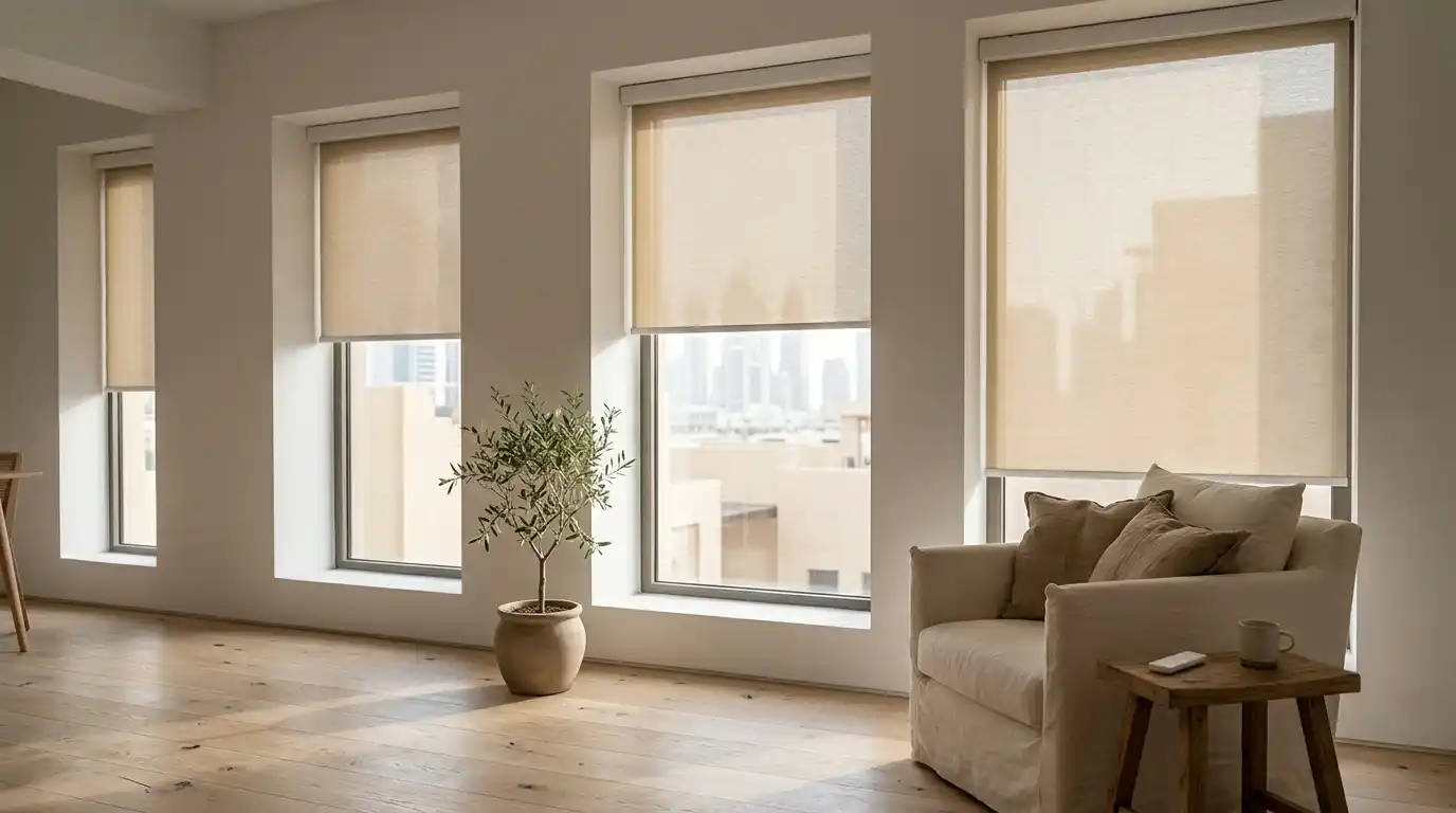 Beige motorized roller blinds on windows in a Dubai sitting room