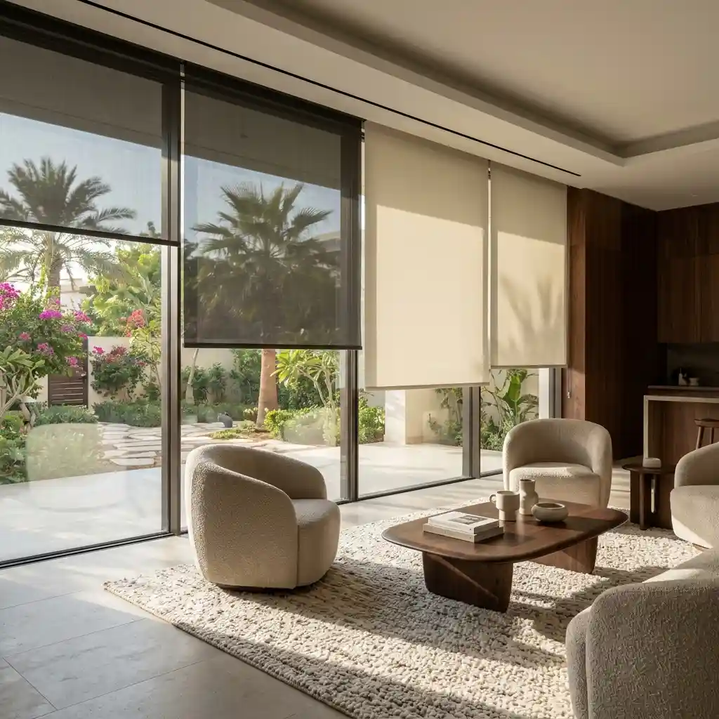 Motorized roller blinds in a Dubai living room with garden view