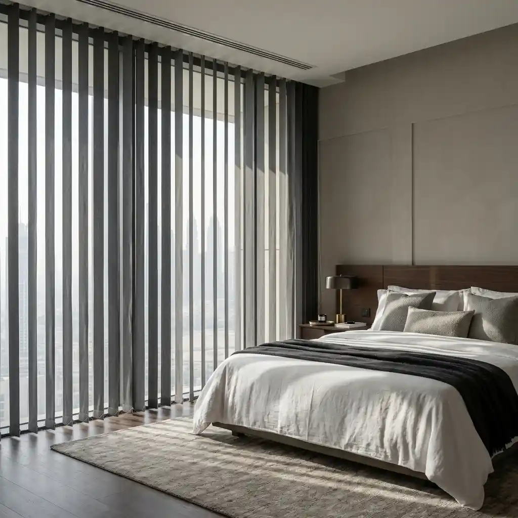 Grey vertical blinds in a modern Dubai bedroom