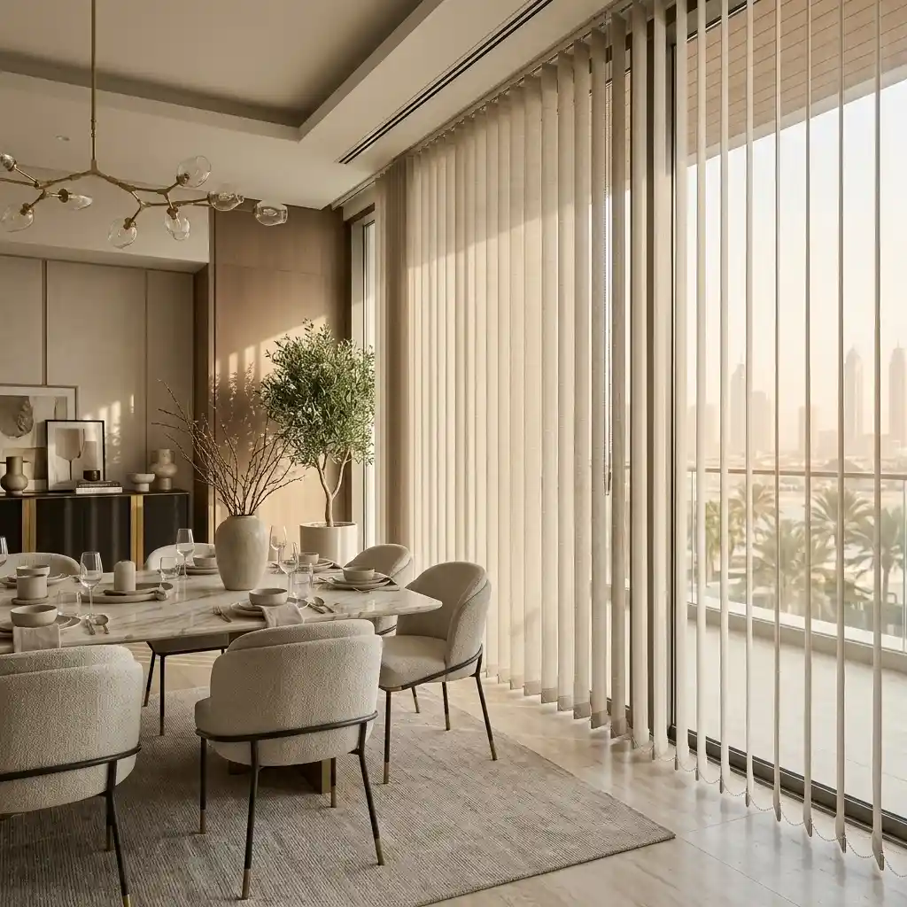 White vertical blinds in a Dubai dining room with floor-to-ceiling windows