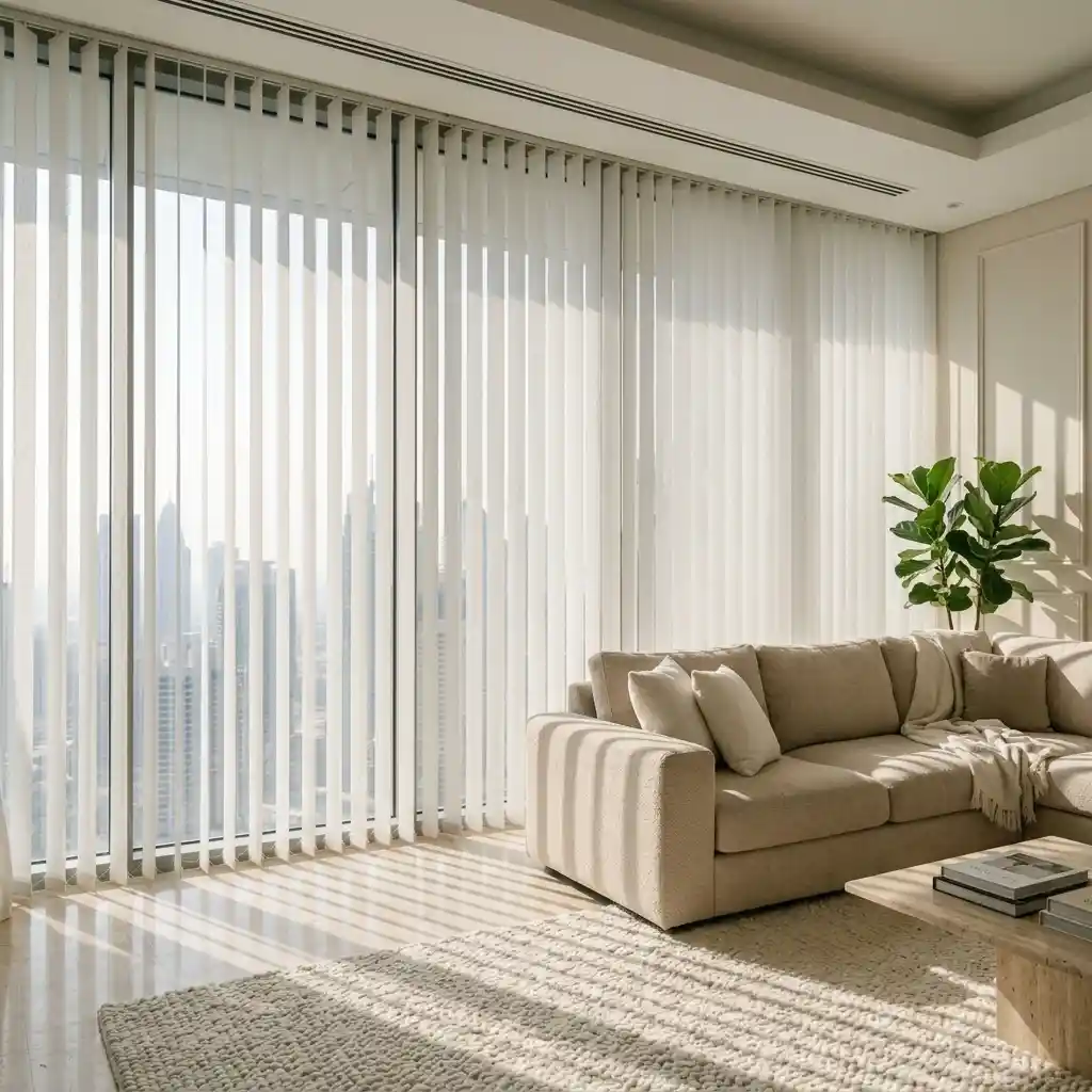 White vertical blinds in a bright Dubai living room