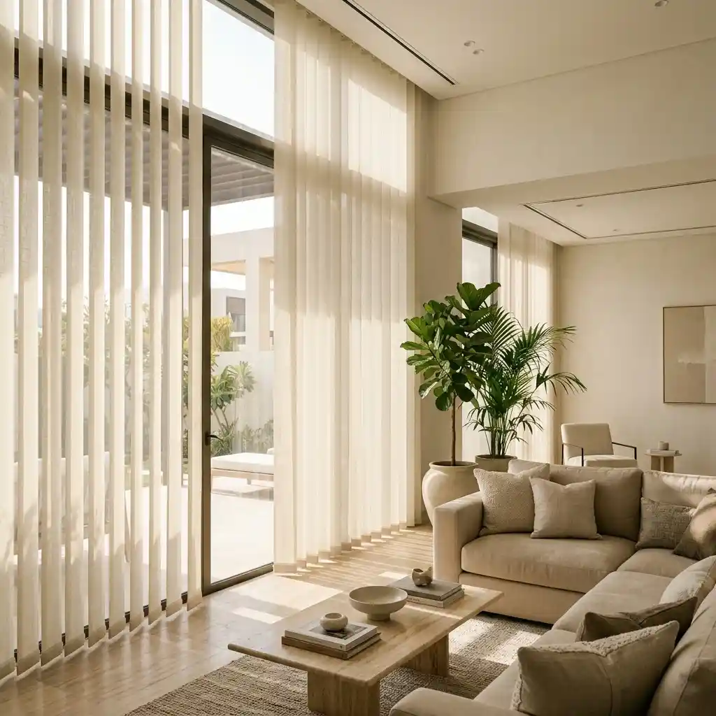 Cream vertical blinds on sliding glass doors in a Dubai living room