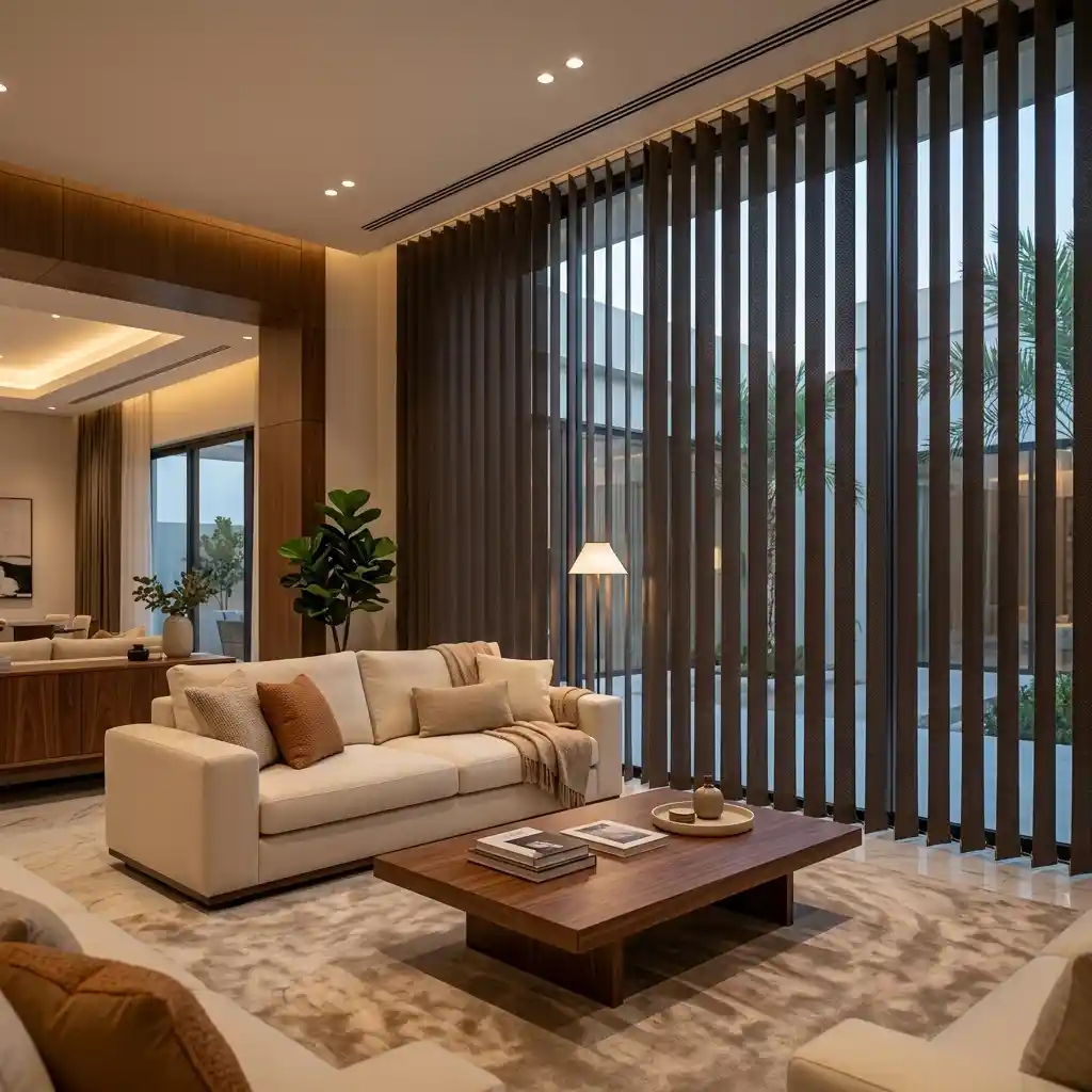 Dark brown vertical blinds in a Dubai living room