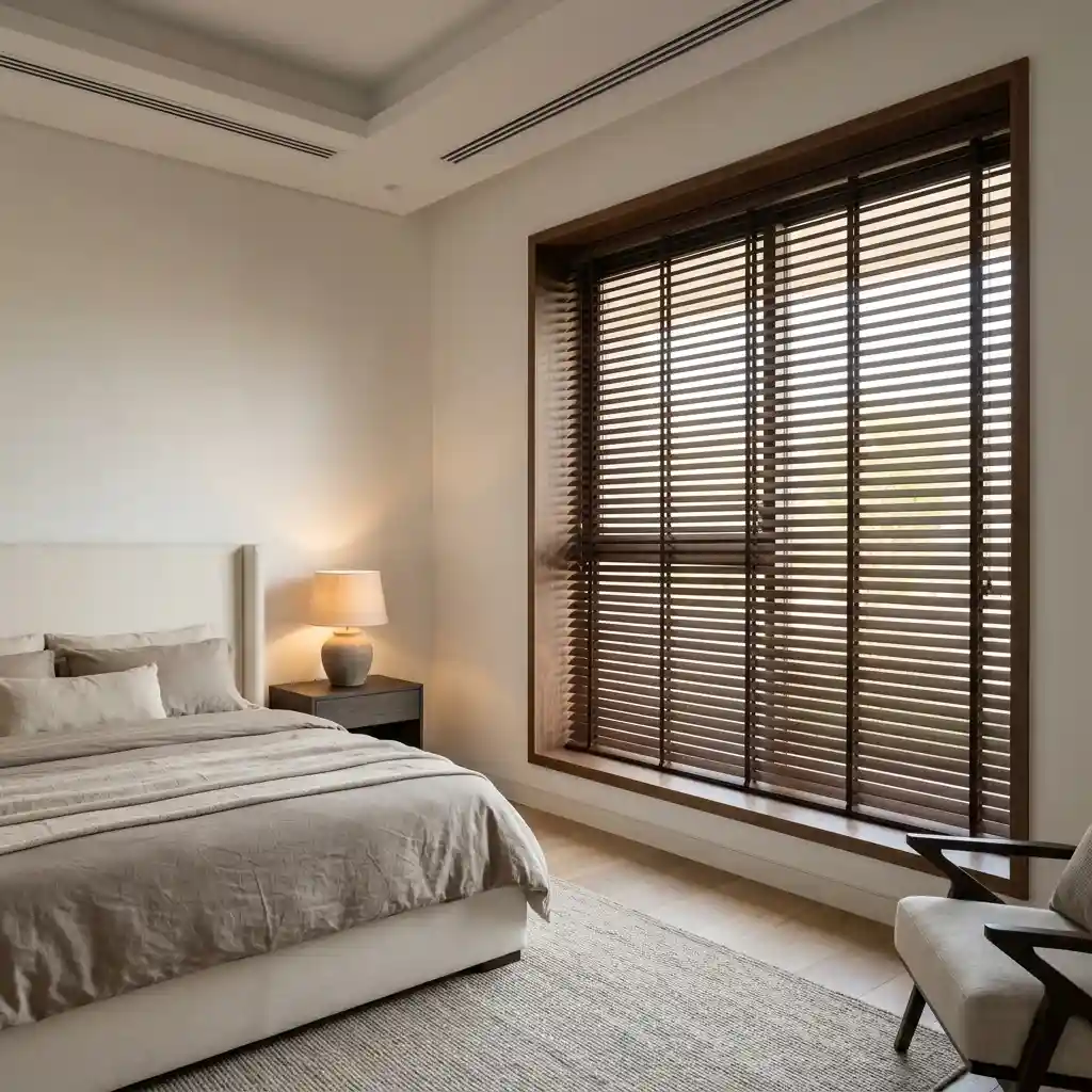 Wooden blinds fitted in a recessed bedroom window in Dubai