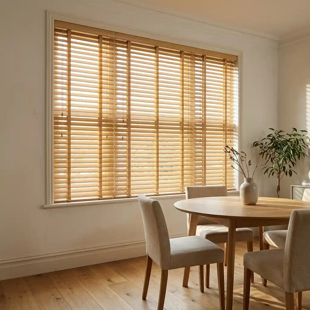 Light oak wooden blinds in a Dubai dining room