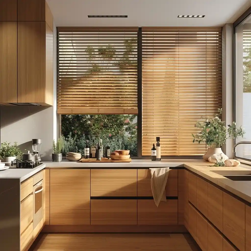 Wooden blinds in a modern Dubai kitchen