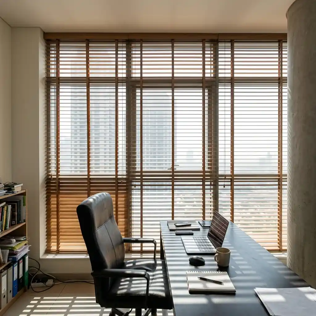 Wooden blinds in a Dubai home office