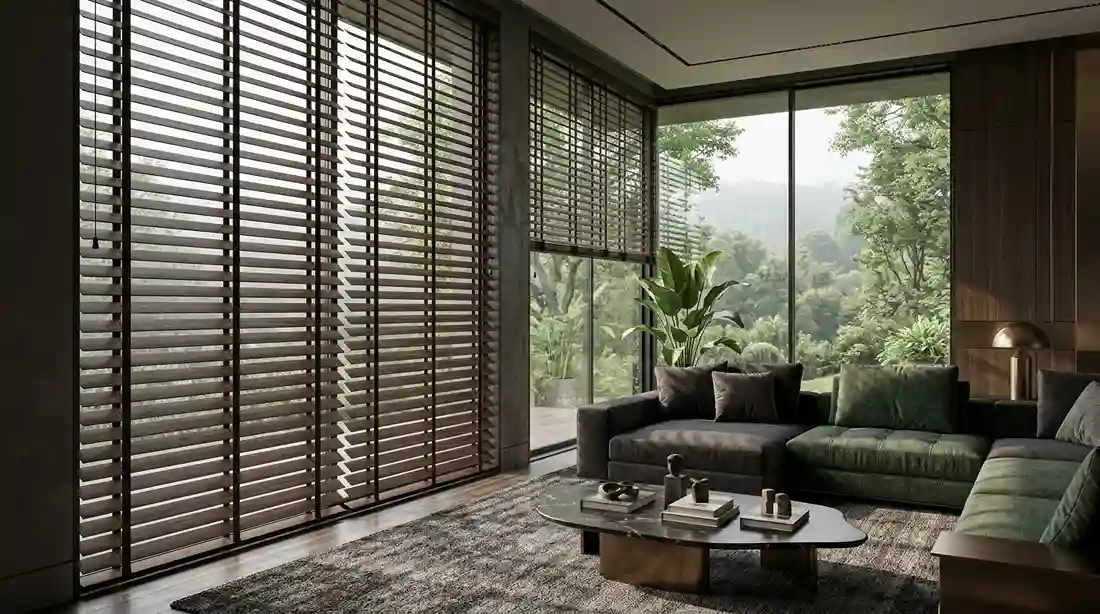 Dark wooden blinds in a Dubai living room with garden view
