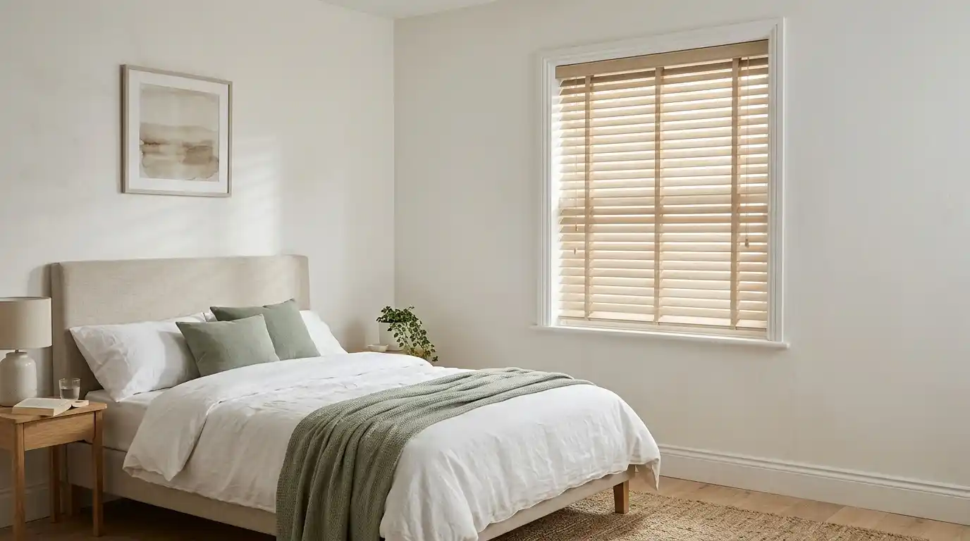 Light natural wooden blinds in a Dubai bedroom