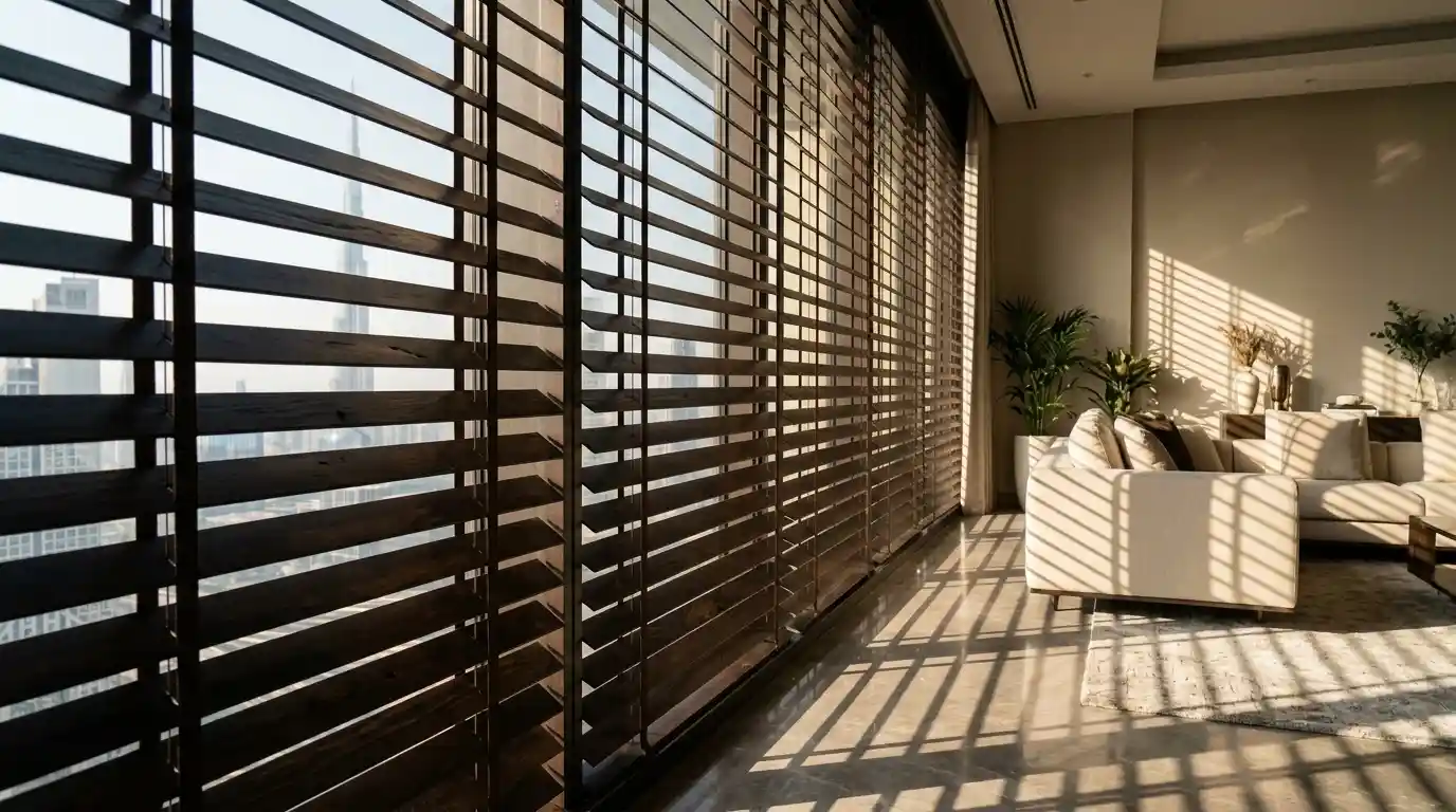 Dark wooden blinds on floor-to-ceiling windows in a Dubai living room