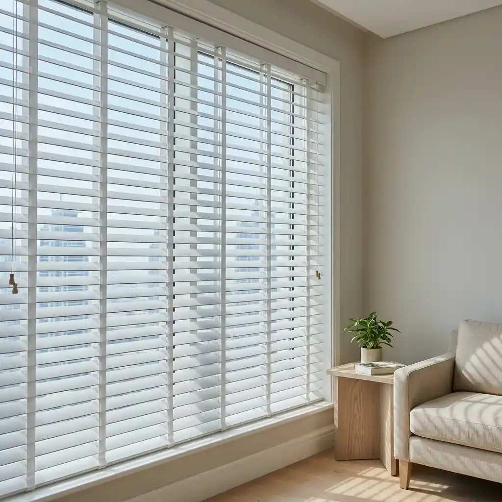 White wooden blinds in a Dubai living room