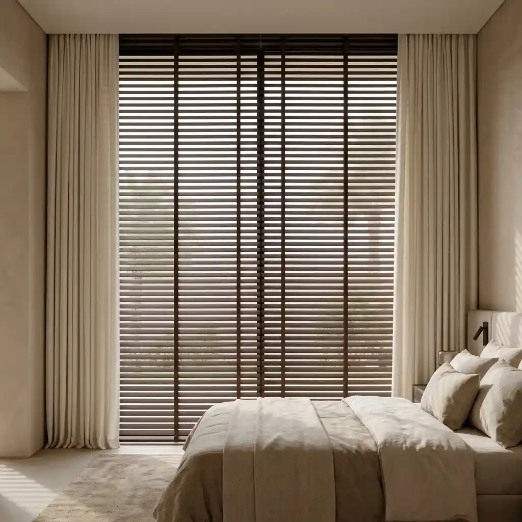 Dark wooden blinds with curtains in a Dubai bedroom